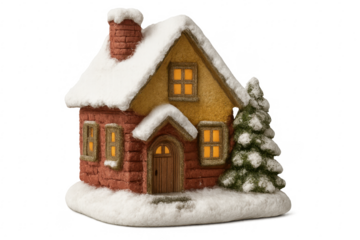 Christmas miniature house covered by snow with illuminated windows on transparent background
