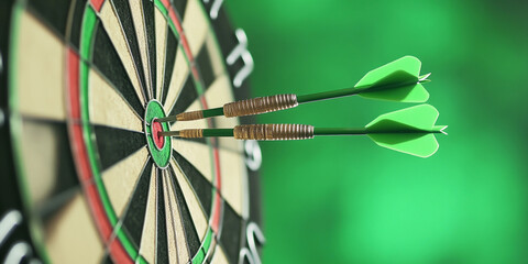 Green dart strikes the bullseye on a dartboard Generative AI
