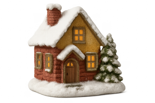 Christmas miniature house covered by snow with illuminated windows on transparent background