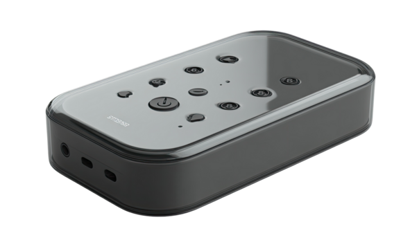 Rectangular gray device with transparent cover and multiple buttons - Powered by Adobe