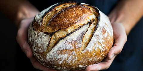 Artisan baker presents freshly baked sourdough bread Generative AI