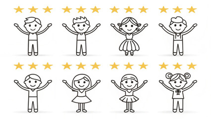 Children with stars rating system on white background