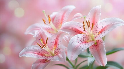 Fototapeta premium Close-up of pale pink lilies with speckled petals and yellow-green stamens against a soft bokeh background.