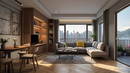 Fototapeta premium Hong Kong apartment 3D render, small space optimized design