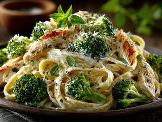 A plate of creamy chicken Alfredo with broccoli florets