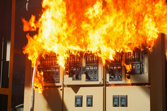 High-quality electrical control panel on fire at facility Generative AI