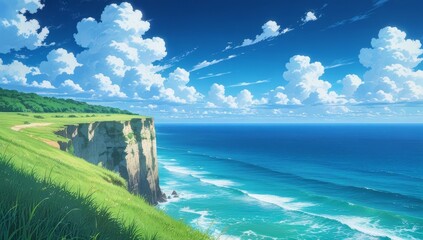 Anime aesthetic landscape ocean view cinematic composition