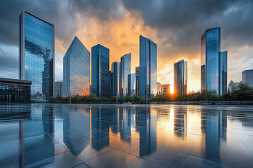 Fototapeta premium Modern city skyline at sunset with reflective surfaces Generative AI