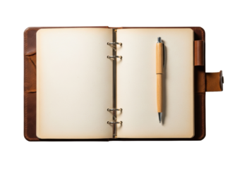 Well-worn dark brown leather travel journal open to blank cream pages with a wooden pen, centrally on transparent background with soft studio light, serene inspiration for travel and personal