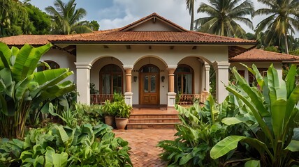 House surrounded by banana trees, mango trees, and exotic plants
