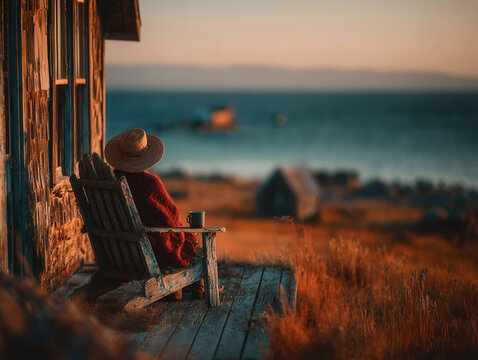 Man sitting on a rustic porch chair, relaxing outdoors with a cup of coffee
