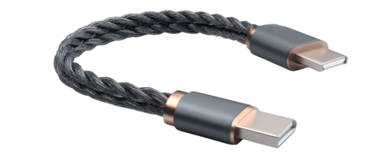 Gray braided USB-C charging cable with rose gold accents