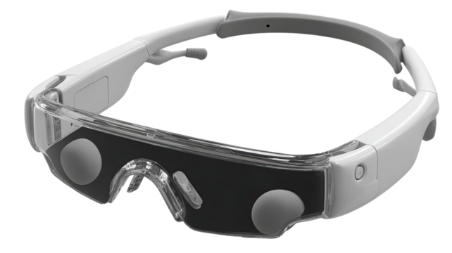 Head-mounted display glasses, white plastic frame, clear lenses, technology