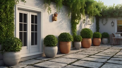 Fototapeta premium House terrace garden with traditional pots and creepers, high-detail 3D rendering