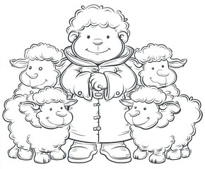 Fototapeta premium The Good Shepherd with sheep , coloring page for kids, simple outline illustration. Coloring book.