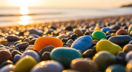 Colorful pebbles on a beach at sunrise