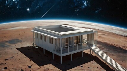 House terrace in outer space with Earth in the background