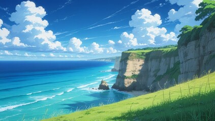 Anime aesthetic landscape ocean view cinematic composition