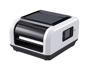 Fototapeta premium Compact, white label printer with black accents. Features a roll of label paper, a small display, and a print mechanism. Modern, sleek design