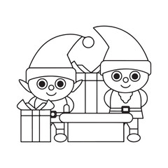 Two cute cartoon elves with pointy hats and gifts in a simple line drawing christmas holiday