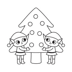 Two cute Christmas elves decorating a Christmas tree in outline style for coloring holiday celebration