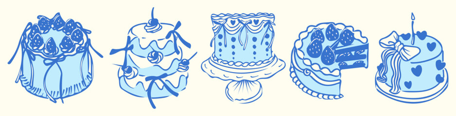 Hand drawn coquette vintage cake illustration set featuring layered cakes decorated with strawberries, whipped cream, ribbons, bows, cherries, hearts, and a birthday candle. Cute girly dessert clipart