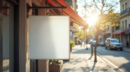 A blank square sign hanging outside a building on a sunny street with cars and pedestrians visible