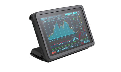 Dark gray tablet-like device with multiple graphs and charts