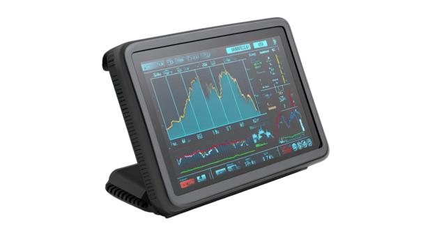 Dark gray tablet-like device with multiple graphs and charts