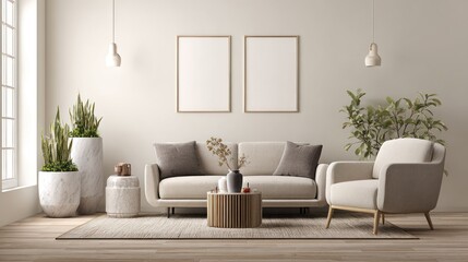 Modern Light Living Room with Beige Sofa and Green Plants in Bright Minimalist Space