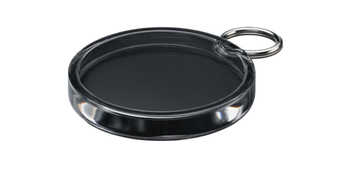 Clear circular pendant with dark interior and metal ring