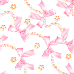 Seamless pattern with pink pearl string bow and pearl flower, hand drawn in watercolor.