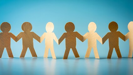 Diverse paper chain people holding hands representing unity and equality against a blue background