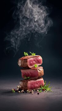 Juicy steaks stacked elegantly, steam rising with aromatic allure, gourmet dining ambiance, perfect for a culinary holiday feast, fine dining essence