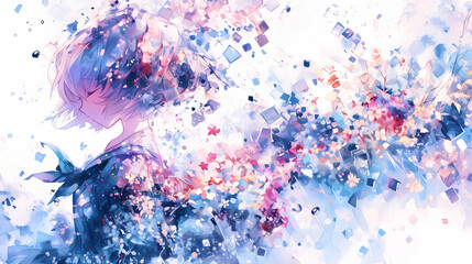 心の底で寂しさを感じている少女、イラスト、水彩画