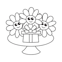 Charming cartoon bouquet of smiling flowers with a gift box on a pedestal present