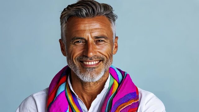 Confident man with silver hair wearing a colorful scarf against a soft backdrop