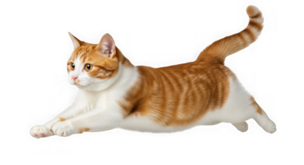 Orange tabby cat leaping isolated on transparent background