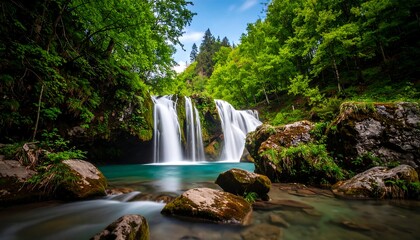 Obraz premium Lush waterfall cascading into a turquoise pool, surrounded by dense green forest