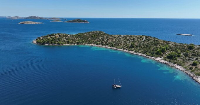 Sailing Boats Over Seascape In Dugi Otok Island, Croatia. Aerial Drone Shot