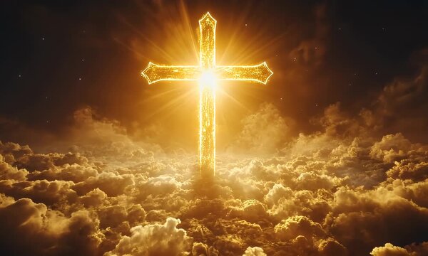 Glowing golden cross above clouds
