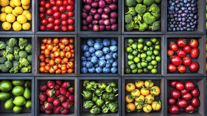 Colorful arrangement of fresh fruits and vegetables in a market display - Powered by Adobe
