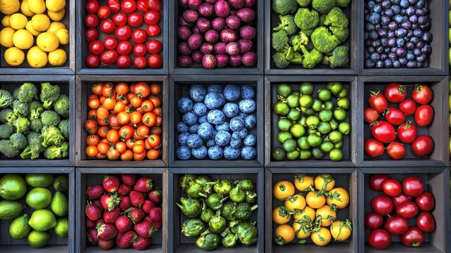 Colorful arrangement of fresh fruits and vegetables in a market display