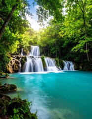 Obraz premium Lush waterfall cascading into a turquoise pool, surrounded by dense greenery