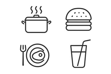 Food and beverage outline icons set. Linear cooking, meal, and drink symbols. Vector collection with pot, hamburger, plate with steak, and glass for restaurant menu.
