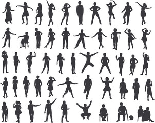 Collection of human silhouette poses, people standing, sitting, dancing, walking, men and women vector design for lifestyle, fashion, communication illustration