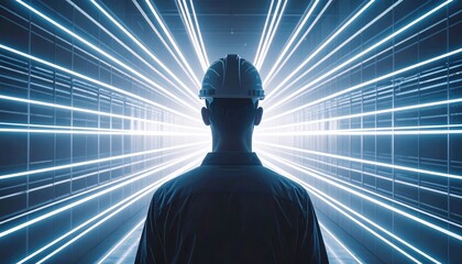 The Guiding Light: A silhouette of construction worker against a background of neon lights radiating outward, symbolizing progress, innovation, and the bright future.