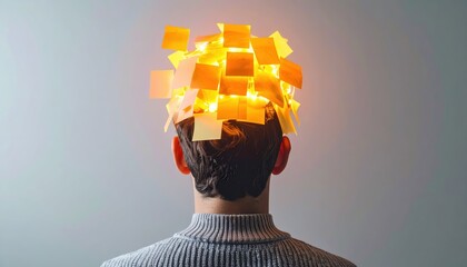 Illuminated Thoughts: A person's head, covered with glowing sticky notes, suggesting the dynamic nature of thoughts, ideas, and a brilliant mind.
