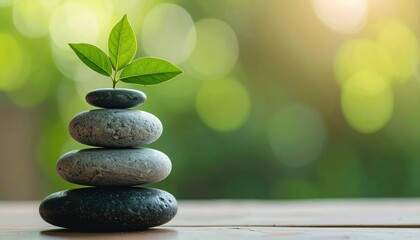 Zen Stones of Growth: A meticulously arranged stack of smooth, grey stones supporting a young, vibrant sprout, symbolizing balance, tranquility.
