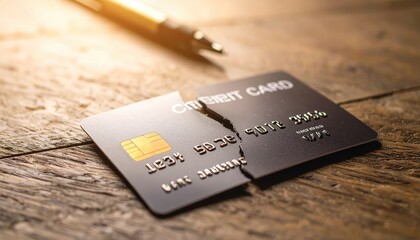 Credit Card's Demise: A stark symbol of financial constraint, a broken credit card lies fractured on a weathered wooden surface, hinting at debt and economic hardship, a story of financial struggle